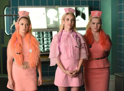 Scream Queens Season 2, Scream Queens Fashion, Scary Shows, Pink Scrubs, Queen Costume, Queen Fashion, Scream Queens, Emma Roberts, Costume Design