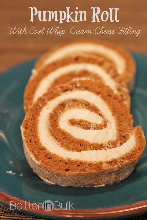 Pumpkin Roll With Cool Whip Cream Cheese Filling by Better in Bulk Pumpkin Foods, Weekend Baking, Butter Cakes, Pumpkin Rolls Recipe, Swiss Rolls, Pumpkin Delight, Holiday Sweets, Pumpkin Desserts, Autumn Recipes