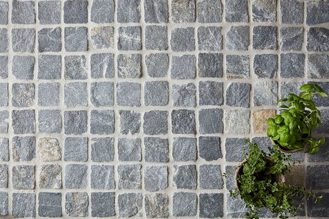 Gris Granite Cobblestones on Mesh Granite Cobblestone, Bluestone Pavers, Pavement Design, Limestone Pavers, Pool Pavers, Travertine Pavers, Stone Road, Crazy Paving, Stone Wall Cladding