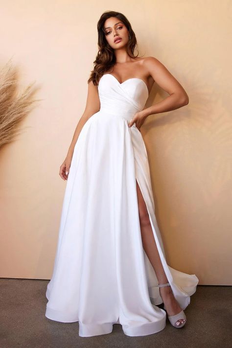 Cinderella Divine CD0166W Satin Strapless Long Bridal Gown | The Dress Outlet Modern Bridal Dress, Modest Bride, Long Bridal Gown, Semi Formal Wedding, Floor Length Wedding Dress, Satin Wedding Gown, A Line Bridal Gowns, Cinderella Divine, Bridal Ball Gown