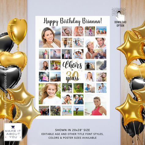 Celebrate any age birthday for him or her with a photo memories display sign or commemorative keepsake poster print utilizing this easy-to-upload photo collage template with 32 pictures and your custom text. The design features a black and gold modern calligraphy script title design that says CHEERS TO # YEARS (shown for a 30th birthday). 30th Birthday Picture Collage, Birthday Photo Displays, Photo Collage Diy, Photo Arrangement, Birthday Photo Collage, Photo Collage Gift, Collage Diy, Framed Photo Collage, Picture Boards