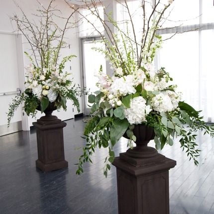 Lush urns with flowering cherry blossoms and white florals flanking wedding ceremony Wedding Ceremony Flower Arrangements, Alter Flowers, Wedding Aisles, Urn Arrangements, Ceremony Florals, Ceremony Arrangement, Church Wedding Flowers, Altar Arrangement, Large Floral Arrangements