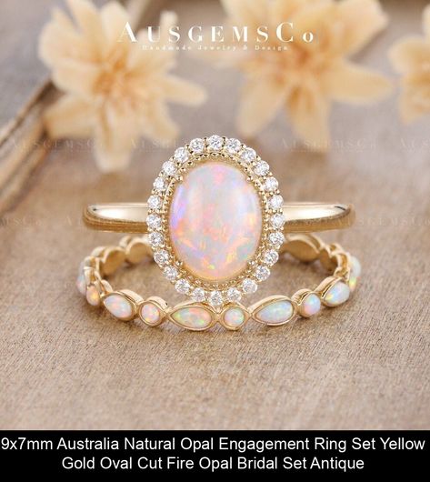 9x7mm Australia Natural Opal Engagement Ring Set Yellow Gold Oval Cut Fire Opal Bridal Set Antique Halo Diamond Wedding Promise Women Gift Opal Engagement Ring Set, Antique Rings Vintage, Opal Engagement Ring, Opal Wedding Rings, Detailed Engagement Ring, Wedding Promises, Opal Engagement, Engagement Rings Opal, Dream Engagement