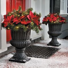 Pre-Lit Poinsettia Christmas Urn Filler Holiday Urn, Christmas Outside Decorations, Christmas Outdoor Decor Ideas, Christmas Hanging Baskets, Best Christmas Nails, Christmas Porch Decorations, Poinsettia Decor, Christmas Urns, Christmas Outdoor Decor