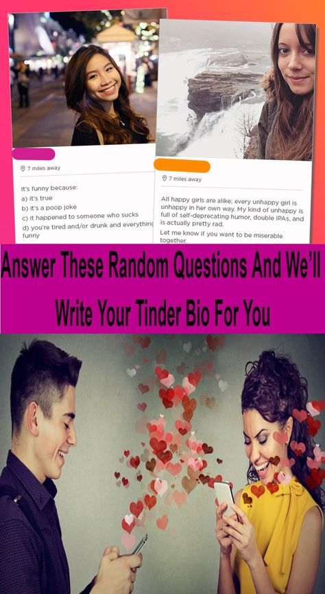 Answer These Random Questions And We’ll Write Your Tinder Bio For You #Answer #Random #Questions #Write #Tinder #Bio #For #You #dating #datingsite #tinderbio #quiz #girls #boys #single #couple #relationship Tinder Bio Girl, Tinder Bio, Poop Jokes, Random Questions, Swimsuit Pics, Single People, Online Profile, Couple Relationship, Phone Charger