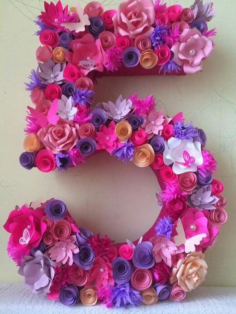 Birthday Number Decoration, Number 5 Pinata, Purple Party Ideas, Number Five, Paper Flower Crafts, Purple Party, Flowers Purple, Barbie Birthday, Giant Paper Flowers