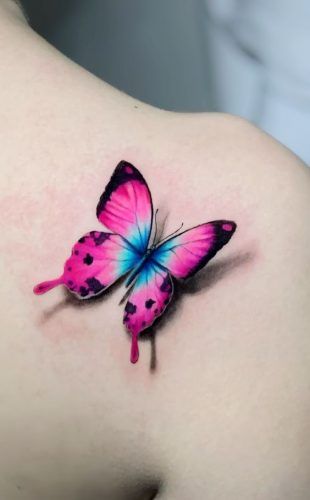 Floral Butterfly Tattoo Design Color, Butterfly Tattoo 3d Design, Butterfly’s Tattoo, Pink And Blue Butterfly Tattoo, လိပ်ပြာ Tattoo, Tattoo 3d Effect, Realistic Butterfly Tattoo Designs, 3d Butterfly Tattoo Designs, Colour Butterfly Tattoo