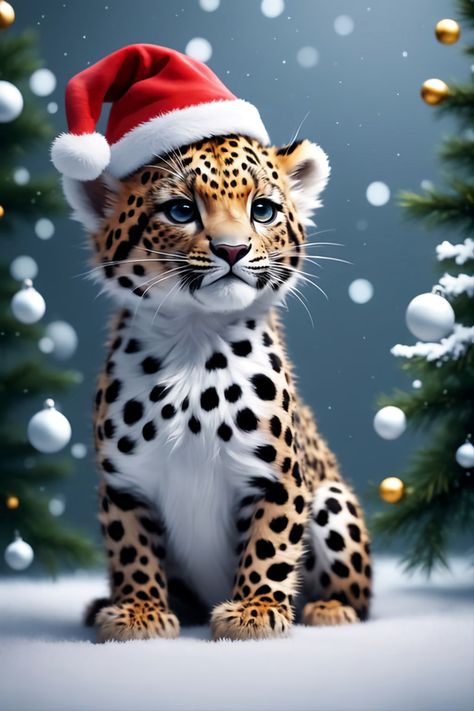 Xmas Images Cute, Cute Christmas Pics Aesthetic, Leopard Christmas Wallpaper, Christmas Animal Art, Christmas Animal Wallpaper, Animals At Christmas, Beautiful Christmas Pictures, Xmas Animals, Winter Christmas Scenes