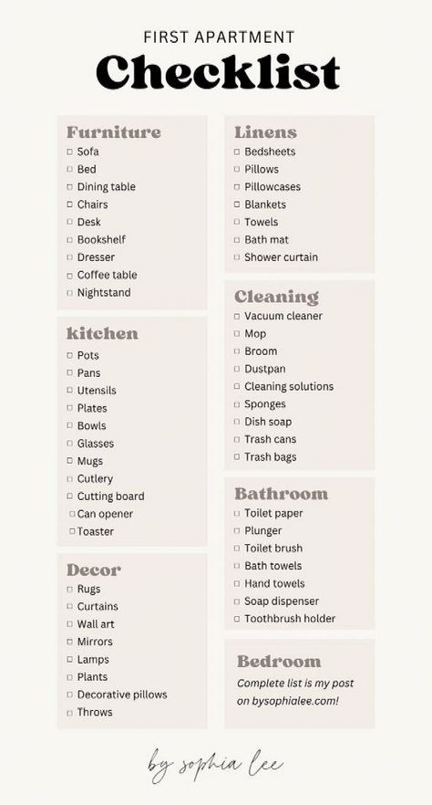 After I moved, my friends started moving out too and I’ve sent this first apartment checklist to all of them. They always ask my for my first apartment tips and this is the number #1 recommendation - know which first apartment essentials you need! #and #InteriorDesign #HomeIdeas #Apartment #HomeStyle #Space #Living #HomeDecor #Ideas #Tips #Your #DecorTips #Elevate #Decor Apartment Checklist Minimalist, Essentials For Moving Into An Apartment, Beginner Apartment Decor, First Apartment Move In Checklist, Furniture List For First Apartment, Budget For Moving Out First Apartment, Move Out Essentials, Buying First Apartment Aesthetic, Apt Ideas First Apartment