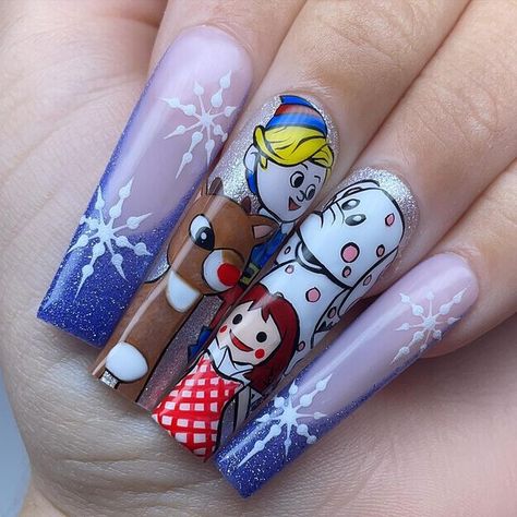 Christmas Nail Designs Rudolph, Rudolph The Red Nosed Reindeer Nail Art, Christmas Nails Rudolph Red Nose, Rudolph Nail Art, Rudolph The Red Nosed Reindeer Nails, Christmas Movie Nails, Christmas Character Nails, Rudolph Nails, Anna Garcia