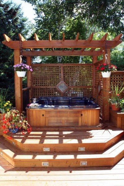 Exterior Ideas Hot Tub Deck With Wood Pergola Cover Whirlpool Deck, Hot Tub Deck Design, Hot Tub Privacy, Hot Tub Pergola, Pergola Cover, Hot Tub Landscaping, Tub Deck, Hot Tub Patio, Hot Tub Designs