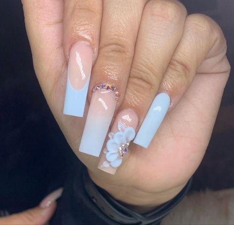 Blue Nails With 3d Flowers, Acrylic Nails 3d Flowers, Nails 3d Flowers, Nails With 3d Flowers, Acrylic Nails 3d, Nail Suggestions, 3d Nail Designs, Light Blue Nails, Baby Blue Nails