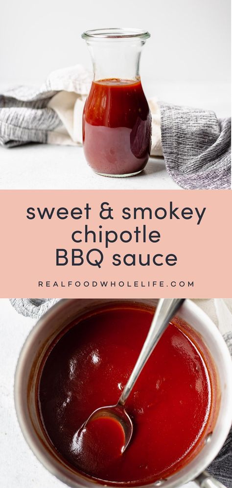 Sweet, tangy, smokey, and just a little bit spicy, chipotle bbq sauce is perfect to serve up with chicken, slathered on ribs, poured over pulled pork, and as a marinade for just about anything! Chipotle Bbq Sauce Recipe, Home Made Bbq Sauce, Spicy Sauce Recipe, Pulled Pork Sauce, Chipotle Bbq Sauce, Homemade Chipotle, Easy Potato Salad, Radish Recipes, Barbecue Sauce Recipes