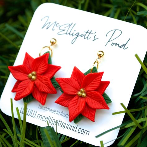 Hand crafted from polymer clay, these Large Poinsettia Dangles feature captivating poinsettia designs that span approximately 2.6cm in diameter. With their bright, seasonal colours , these earrings are a perfect addition to any Christmas celebration. Available in a hoop and ball stud options Polymer Clay Christmas Earrings, Dip Art, Christmas Polymer Clay, Xmas Pictures, Christmas Jewellery, Polymer Clay Flower Jewelry, Clay Earring, Christmas Celebration, Polymer Clay Flowers