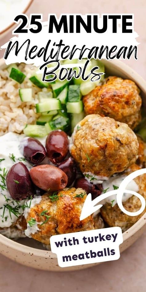 You’ll love this Mediterranean Rice Bowl - flavorful ground turkey meatballs with rice, chopped cucumber and zesty cucumber dip (tzatziki). Cook in the oven or air fryer for a delicious easy and healthy meal! Perfect for meal prep! Turkey Mediterranean Recipes, Ground Turkey Mediterranean Bowl, Mediterranean Diet Meatballs, Ground Turkey Recipes Mediterranean, Cheap Mediterranean Meals, Ground Turkey Greek Bowl, Mediterranean Meatball Bowl, Mediterranean Protein Bowl, Mediterranean Turkey Bowl