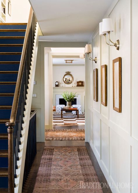 This Federal-Style Home Features a Seamless Mix of Modern Elements How To Decorate A Hallway, Federal Style House, Narrow Entryway, Floor Stain, Historic House, Foyer Decorating, Entry Hallway, Hallway Lighting, Entry Hall