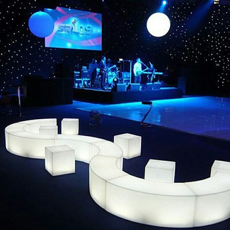 Create cool shaped lounge areas and light up your party using our modular LED Benches. #ledbench #ledfurniture #glowfurniture #curvedbench #snakebench #glowingbench #glowbench #illuminatedfurniture #partyfurniture #nightclubfurniture Led Centerpieces, Nightclub Design, Lounge Party, Vip Room, Led Decor, Lounge Design, Led Furniture, Lounge Seating, Futuristic Design