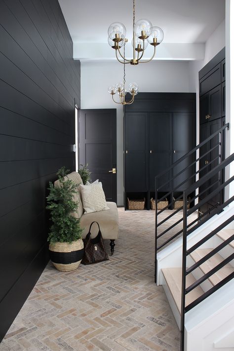 Brick Herringbone Floor, Brick Herringbone, Black Shiplap, Herringbone Floors, Shiplap Walls, Mudroom Design, 카페 인테리어 디자인, Stair Case, Herringbone Floor