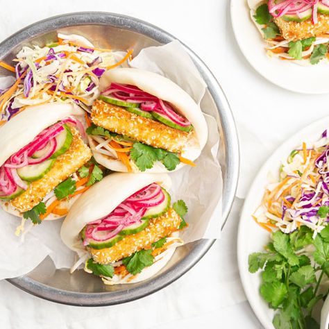 Crispy tofu and red onion bao buns | New World Tofu Bao, Family Vegetarian Meals, Pickled Red Onion, Quick Pickled Red Onions, Quick Pickled, Bao Buns, Pickled Veggies, Crispy Tofu, Steamed Buns