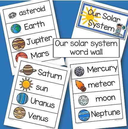 Space Words Preschool, Outer Space Literacy Activities, All About Space For Preschool, Outer Space Kindergarten Activities, Space Literacy Activities Kindergarten, Space Theme For Kindergarten, Space School Theme Ideas, Space Vocabulary Preschool, Pre K Space Crafts