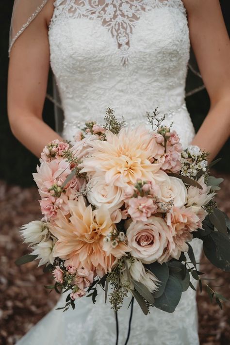 Wedding Bouquet Dahlia Eucalyptus, June Bride Bouquet, Blush Dahlia Bouquet, Blush Fall Wedding Flowers, Wedding Flowers Dahlias, Dahlia Rose Bouquet, June Bouquet Wedding, Wedding Bouquet With Dahlias, Eucalyptus And Blush Wedding