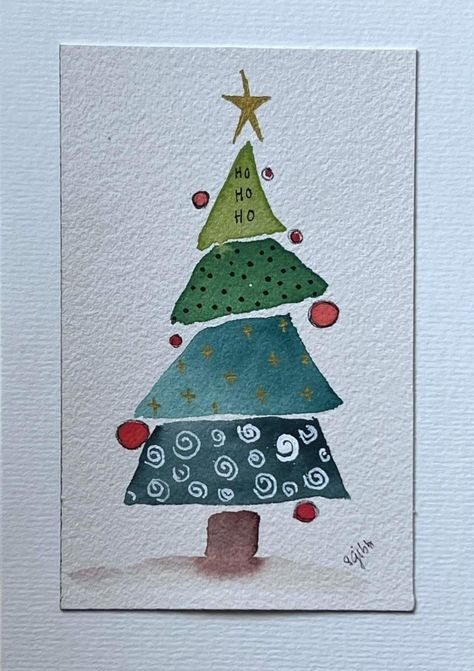 Christmas Tree Drawing Watercolor, Waterpaint Christmas Card, Watercolor Christmas Cards Ideas Simple Diy, Easy Water Colour Christmas Cards, Christmas Water Colour Card, Quirky Watercolor Paintings, Christmas Sketch Ideas Pencil, Easy Diy Christmas Cards Simple, Watercolour Christmas Tree Cards