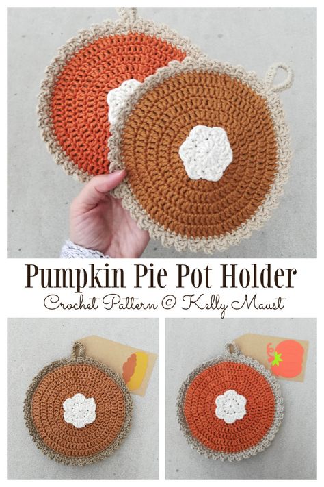 Delicious Pie Potholder Crochet Patterns - DIY Magazine Crochet Pumpkin Pie Hot Pad, Crochet Berry Pie Pot Holder, Pumpkin Pie Crochet Pot Holder, Thanksgiving Crochet Pot Holders, Pumpkin Pie Crochet Coaster, Crochet Pumpkin Hot Pad, Crochet Pumpkin Pie Potholder, Fall Market Crochet Ideas, Pumpkin Pie Crochet Pattern