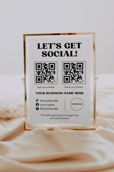 Looking for a Social Media Sign for your business? Look no further! With this sign you can effortlessly showcase your Instagram, Facebook, and Tiktok handles in the most stylish way possible. Let's get social with this stylish sign that is perfect for businesses, salons, or any space that wants to promote their online presence. Featuring a QR code that directs customers to your social media accounts, this sign is a great way to engage with your audience. Qr Code Sign, Small Business Signs, Social Media Signs, Bookkeeping Templates, Sign Templates, Business Look, Business Signs, Printable Signs, Online Presence