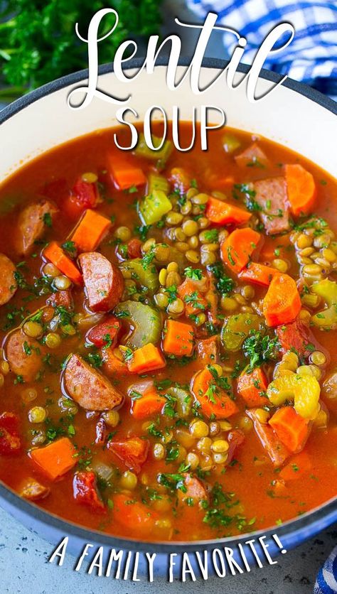 This hearty lentil soup is made with smoked sausage, vegetables, tomatoes and lentils, all simmered in an herb broth. Smoked Soup, Soup With Smoked Sausage, Sausage Lentil Soup, Lentil Sausage, Sausage Smoked, Sausage Lentil, Lentil Sausage Soup, Sausage Soup Recipes, Smoked Sausage Recipes