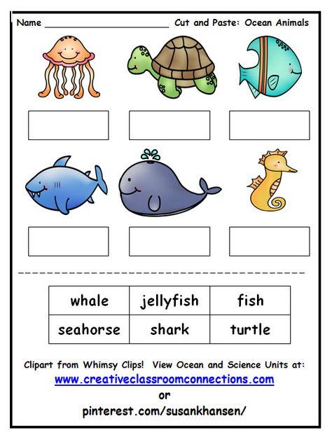 This ocean animals cut and paste is a fun activity for beginners. Other ocean and science units are available at: www.creativeclassroomconnections.com. Water Animals Worksheets For Kids, Rainbow Fish Printable, Ocean Animals Preschool, Preschool Ocean, Animal Facts For Kids, Ocean Animal Crafts, Animals Preschool, Ocean Theme Preschool, Animal Quiz