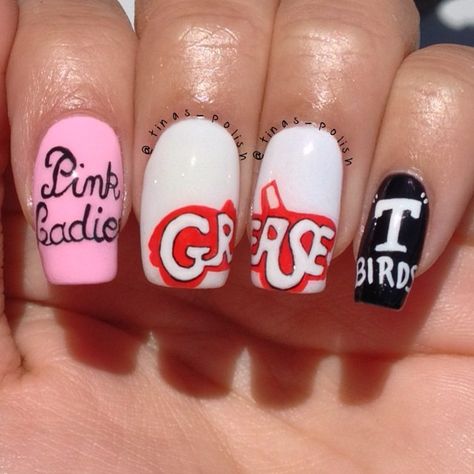 "I'm a day behind! Had a bad migraine yesterday. So for my day 23: inspired by a movie I did #grease this will always be one of my favorite movies! Design done with acrylic paints and my brushes I purchased from @stylishnailartshop I was singing all the songs from this movie while doing this mani" Photo taken by @tinas_polish on Instagram, pinned via the InstaPin iOS App! http://www.instapinapp.com (09/24/2014) Grease Nails Pink Ladies, Pink Ladies Nails Grease, Pink Ladies Nails, Grease Inspired Nails, Pink Lady Grease Nails, Nails Inspired By Movies, Movie Theme Nails, 50s Nails Design, Grease Nails