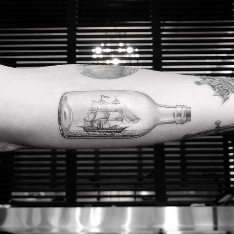 Ship In A Bottle Tattoo, In A Bottle Tattoo, Sailing Tattoo, Sailboat Tattoo, Boat Tattoo, Ship In Bottle, Ship In A Bottle, K Tattoo, Bottle Tattoo