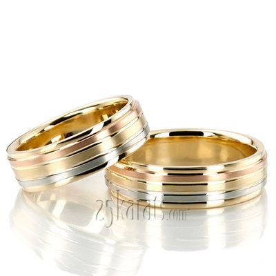 Grooved Tri-Color Fancy Designer Wedding Ring Set Tri Color Wedding Band, Colored Wedding Rings, Tri Color Gold Rings, Colored Wedding Bands, Braided Wedding Band, Ring Bands, Matching Wedding Rings, Colored Diamond Rings, Couple Wedding Rings