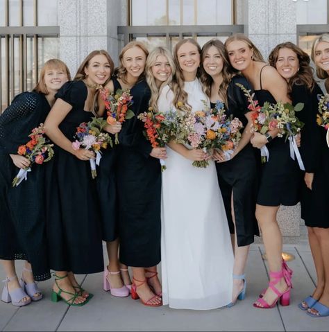 Black And White Wedding With Pops Of Color, Black Bridesmaid Dresses Spring, Black Bridesmaid Dress Summer, Bridesmaid Shoes Black, Black Bridemaids Dresses, Black Dresses Elegant, Black Bridesmaid Dress Mismatched, Bridesmaid Dress Color Schemes, Pastel Bridesmaids