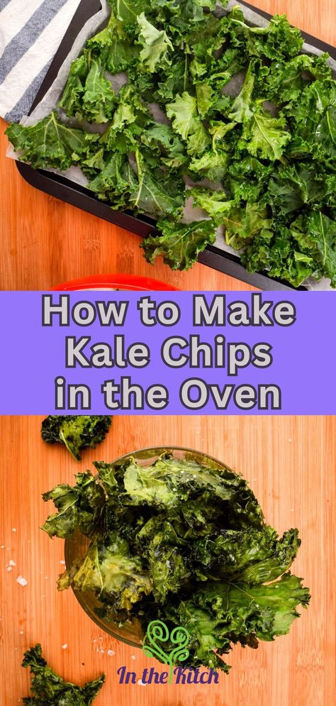 Kale chips on pan in and in bowl with text overlay that says 'how to make kale chips in the oven'. How To Make Kale Chips In Oven, Chips With Cheese, Kale Snacks, Baked Kale Chips, How To Make Kale, Kale Chips Baked, Crispy Kale, Mediterranean Foods, Baked Kale