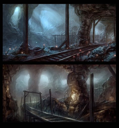 Underground mines by merl1ncz on DeviantArt Mineshaft Concept Art, Underground Illustration, Underground World, Underground Cities, Location Inspiration, Fantasy City, Fantasy Setting, Fantasy Places, Fantasy Map