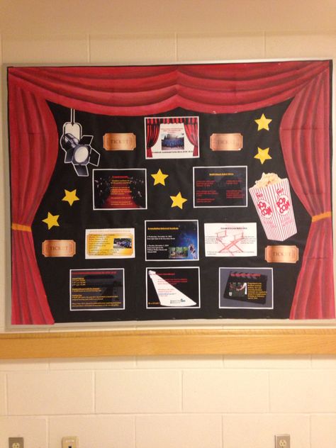 Painted curtain bulletin board RA Theatre Bulletin Board Ideas, Bulletin Board Ideas Aesthetic, Drama Club Ideas, Theater Classroom, Cool Bulletin Boards, Hollywood Classroom, Book Bulletin Board, Theatre Decorations, Theatre Classroom