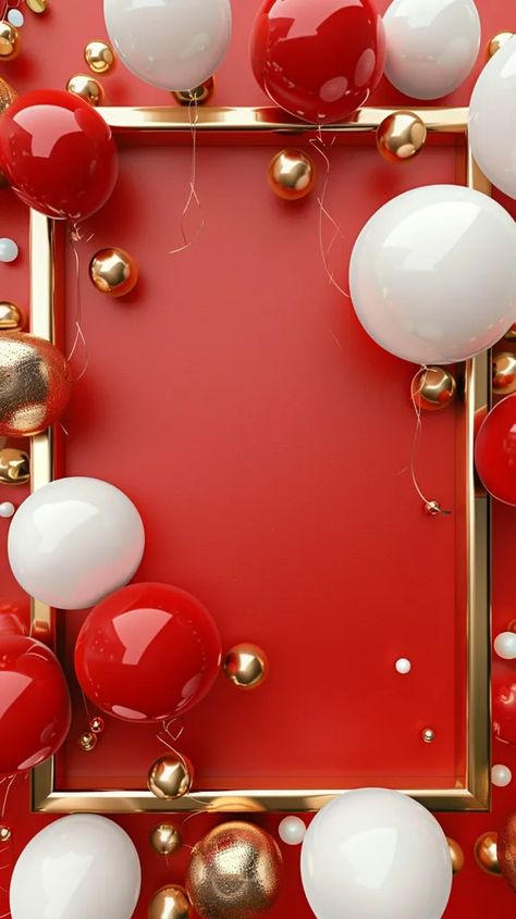 The image is a red background with a gold frame in the center. There are red and white balloons floating around the frame. The balloons are different sizes. There are also some gold balls floating around. The image is very festive and looks like it is celebrating something. Red And White Balloons, White And Gold Balloons, Balloon Background, Birthday Drinks, Balloon Wall, Red Balloon, White Balloons, Gold Balloons, Work Party