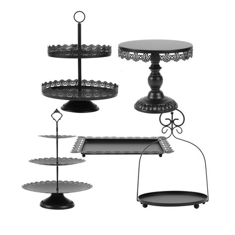 PRICES MAY VARY. PACKAGE SET--1 x 3-Black Tier Cake Stand, 1 x Cake Stand Medium with Base, 1 x 2-Tier Round Cake Stand, 1 x Cupcake stand , 1 x Rectangular Cake Pan SUIT FOR VARIOUS OCCASSIONS --The perfect choice for any celebration. This elegant black cake stand set is perfect to showcase your favorite cakes and desserts at any wedding, birthday party, baby shower Multi-functional Cake Stand Set--Best choice to display cupcakes, candies, cookies, macaron, brownies, donuts, fruits, muffins, pastries, and any other desserts EXQUISITE CRAFTSMANSHIP-ZUMELER black cake stand,have a lovely hollow edge, smooth lines and texture, outstanding details.The black cake stand made from high-quality metal, finished with shiny metallic EASY TO INSTALL--Simple installation design,easily screw on the top Black Cake Stand, Round Cake Stand, Cake Stand Set, Black Cake, Cupcake Holder, Dessert Display, Birthday Party Celebration, Dinner Decoration, Installation Design