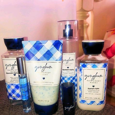 Gingham Bath And Body Works, Bath And Body Works Gingham, Blue Freesia, Body Care Set, Shower Products, Shimmer Body Oil, Bath N Body Works, Avon Skin So Soft, Mini Fragrance