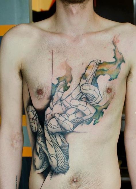 illustrative partial-front diagonal tattoo mural covering chest and ribcage Watercolour Tattoos, French Tattoo, Street Tattoo, World Tattoo, Tattoos Gallery, Abstract Tattoo, Great Tattoos, Skin Art, Chest Tattoo