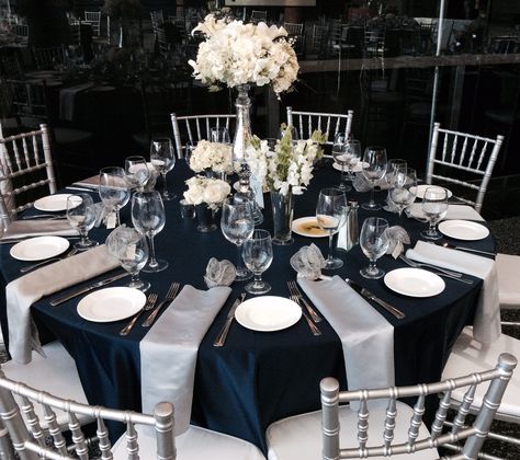 Wedding Reception Guest Table, Flower Centerpieces, Navy Blue, Silver, White Silver Wedding Reception Decor, Navy Blue And Silver Wedding, Silver Wedding Reception, Blue And Silver Wedding, Navy Blue Wedding Theme, Silver Wedding Theme, Blue Silver Weddings, Mrs To Be, Quince Stuff