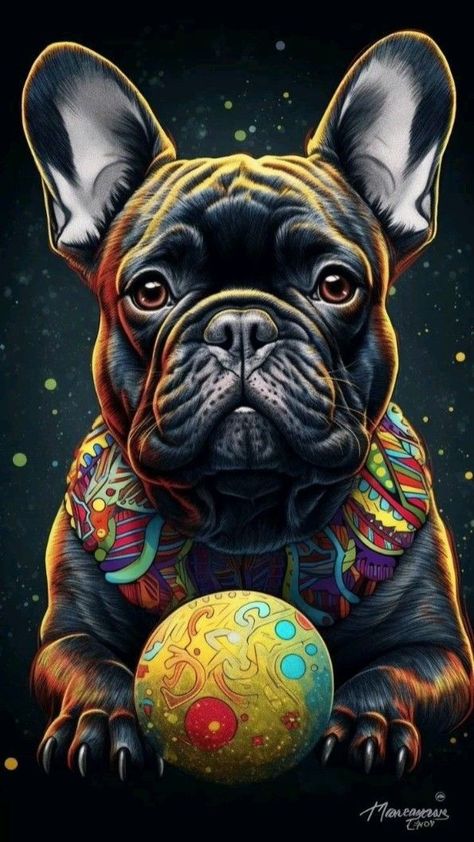 French Bulldog Black, Bulldogs English, Black Bulldog, Dog Illustration Art, Bulldog Wallpaper, Colorful Animal Paintings, Funny Bulldog, Bully Dogs, Bulldog Artwork