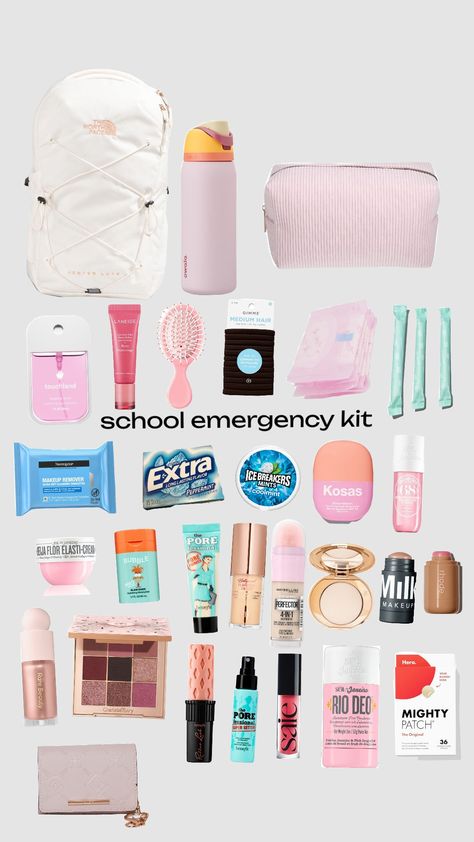 school emergency kit Middle School Emergency Kit Girl, Emergency Bag Aesthetic, Middle School Emergency Kit List, Aesthetic Emergency Kit, Stuff To Have In Your Backpack, Emergency School Kit, Middle School Emergency Kit, What To Keep In Your School Bag, Cute Locker Ideas