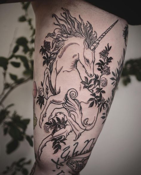 SCHWARZDORN on Instagram: “The other an unicorn. They are concealed in the forest, But happy shall that man be called Who shall snare and capture them. .…” Unicorn Tattoo Designs, Unicorn Tattoo, Woodcut Tattoo, Medieval Tattoo, Unicorn Tattoos, Witch Tattoo, Fantasy Tattoos, Magic Tattoo, Last Unicorn