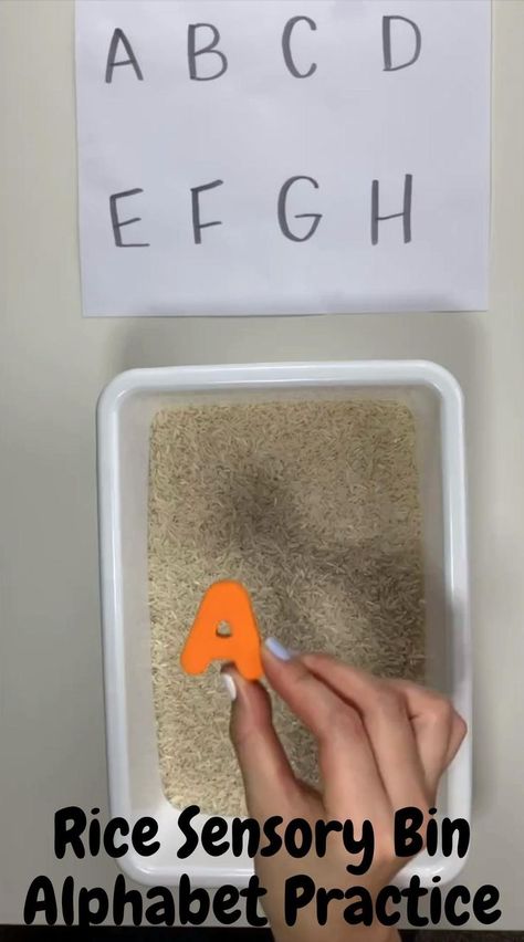 Rice Sensory Bin Alphabet Practice Activity for Toddlers and Preschoolers [Video] | Kindergarten learning activities, Montessori activities, Montessori toddler activities Letters Sensory Activities, Activities On Alphabets For Preschoolers, Learning The Alphabet Preschool, Montessori Letter Activities Preschool, Activity For Alphabets, Letter A Sensory Activities, In And Out Activities For Preschool, How To Teach Alphabets To Kids, Letters Activity Preschool