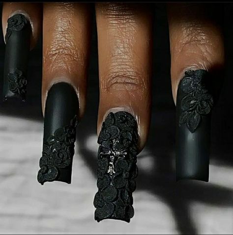 Dark Baddie Nails, Caviar Beads Nails, Dark Black Nails, Army Nails, Silhouette Nails, Long Black Nails, Lace Nail Design, 19 Birthday, 3d Acrylic Nails