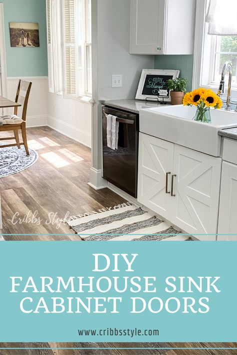 Step by step tutorial on how I built custom farmhouse sink cabinet barn doors. #cribbsstyle #kitchenDIY #farmhousesink #farmhousesinkcabinetdoors #DIYbarndoors Farmhouse Sink Cabinet, Farmhouse Christmas Kitchen, Rustic Farmhouse Kitchen Cabinets, Small Dining Room Table, Custom Cabinet Doors, Small Cottage Kitchen, Custom Farmhouse, American Farmhouse Style, Farmhouse Cabinets