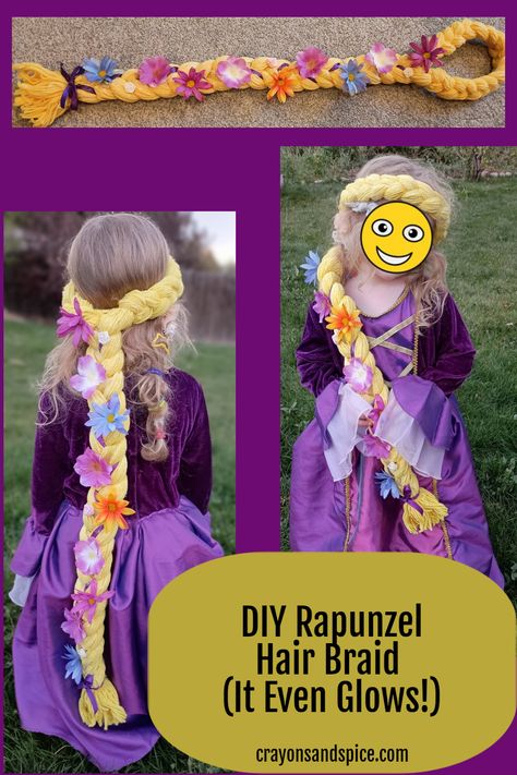 Picture of a Rapunzel braid made from yarn and fake flowers. There is also a view of the back of a little girl wearing it and the front with the braid draped over her shoulder How To Make Rapunzel Hair, Rapunzel Hair Diy, Diy Rapunzel Hair, Rapunzel Hair Braid, Tangled Rapunzel Hair, Rapunzel Halloween, Rapunzel Halloween Costume, Rapunzel Braid, Rapunzel Wig