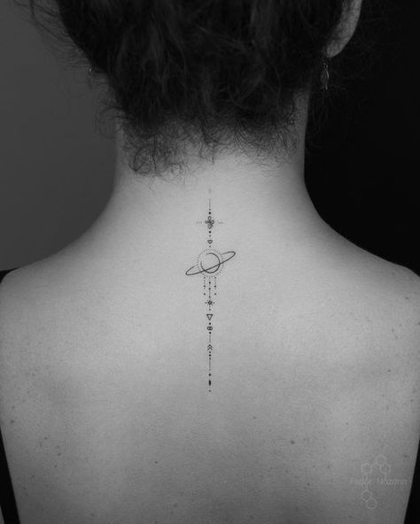 Tattoo Ideas Back Spine, Tattoos For Women Cat, Saturn Tattoo, Small Back Tattoos, Small Neck Tattoos, Basic Tattoos, Tattoo Neck, Universe Tattoo, Planet Tattoos